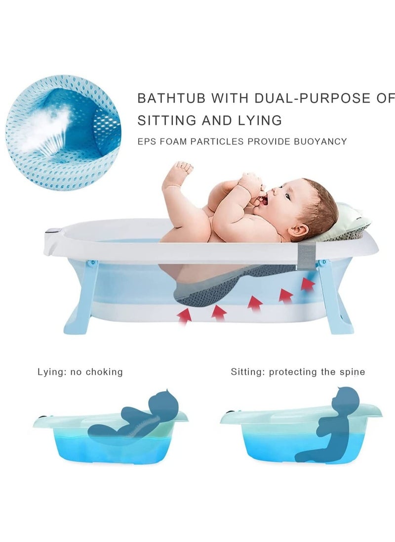 SKY-TOUCH - Baby Foldable Bathtub with Bath Mat Cushion and Thermometer, Portable Baby Bathtub with Drain Hole, Shower Basin with Non-Slip Support Leg for 0–6 Year Old Babies - Pink - Image 1