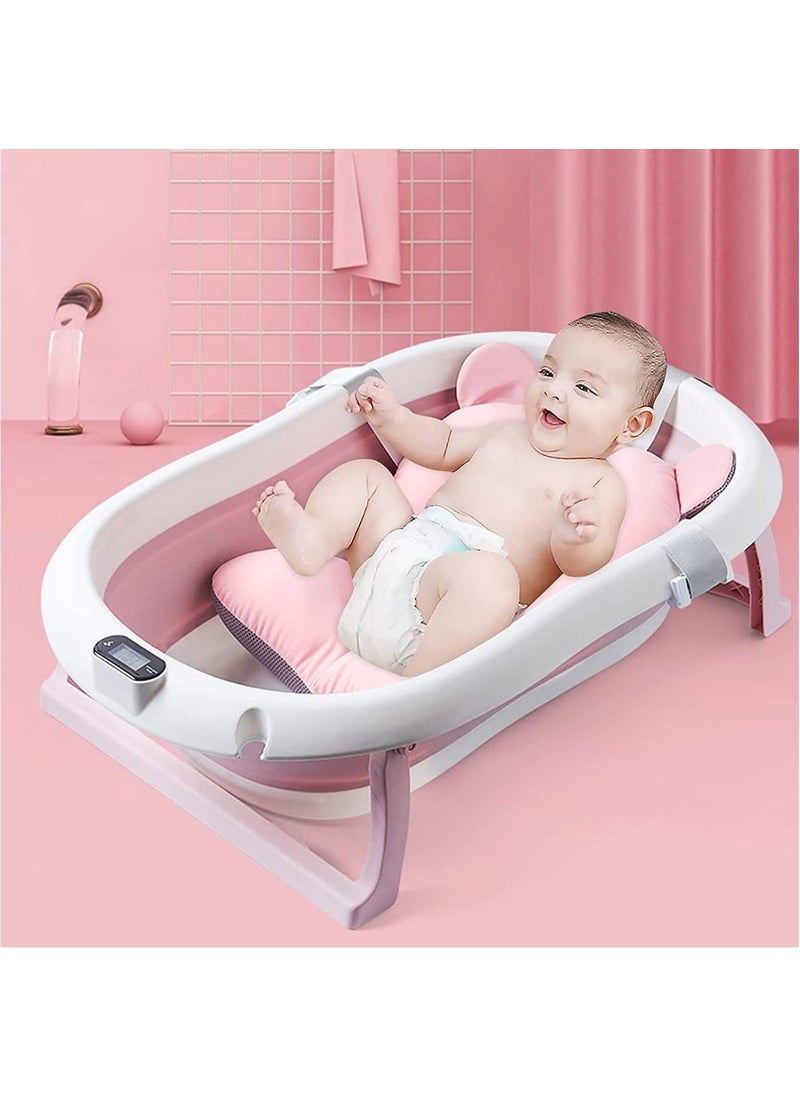 SKY-TOUCH - Baby Foldable Bathtub with Bath Mat Cushion and Thermometer, Portable Baby Bathtub with Drain Hole, Shower Basin with Non-Slip Support Leg for 0–6 Year Old Babies - Pink - Image 1