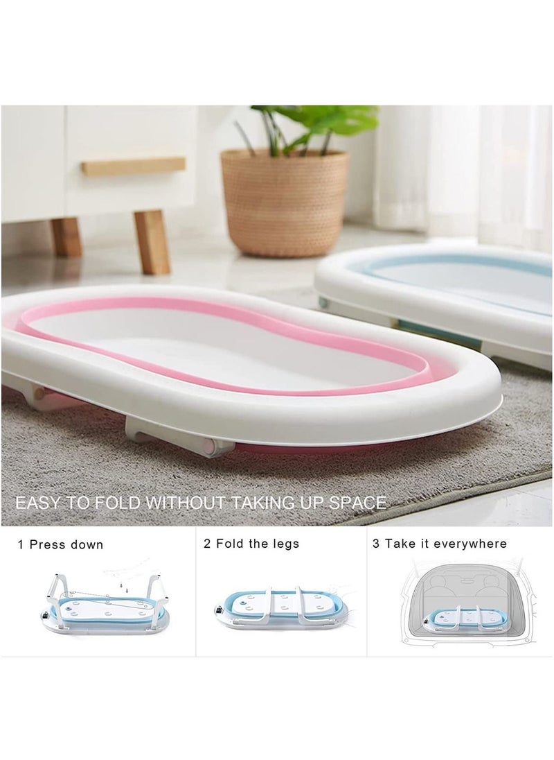 SKY-TOUCH - Baby Foldable Bathtub with Bath Mat Cushion and Thermometer, Portable Baby Bathtub with Drain Hole, Shower Basin with Non-Slip Support Leg for 0–6 Year Old Babies - Pink - Image 1