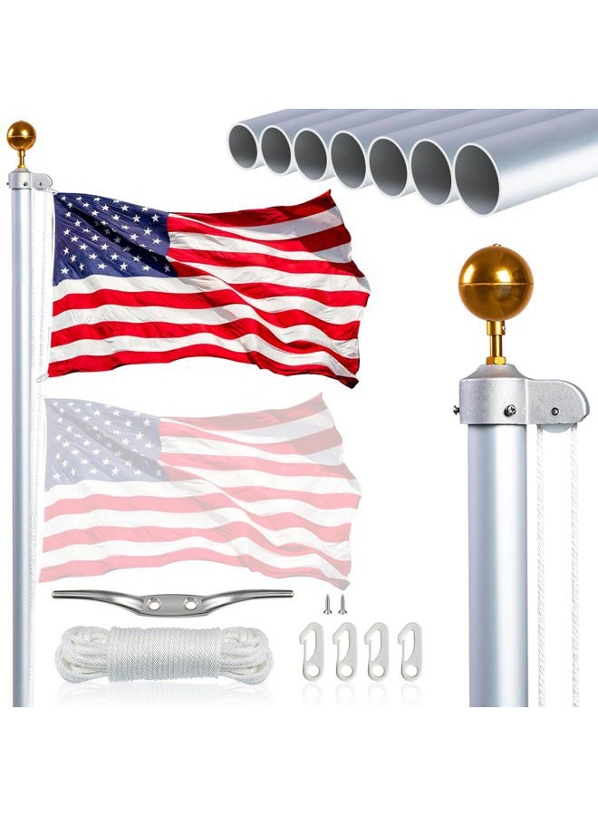 NQ Flag Pole for Outside House 20FT Flag Pole Kit, 14 Guage Aluminum in Ground Flag Pole, Heavy Duty Sectional Flagpole for Outdoor with 3x5FT Flag(Silver) - Image 1
