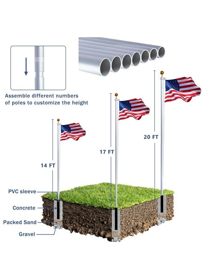 NQ Flag Pole for Outside House 20FT Flag Pole Kit, 14 Guage Aluminum in Ground Flag Pole, Heavy Duty Sectional Flagpole for Outdoor with 3x5FT Flag(Silver) - Image 4