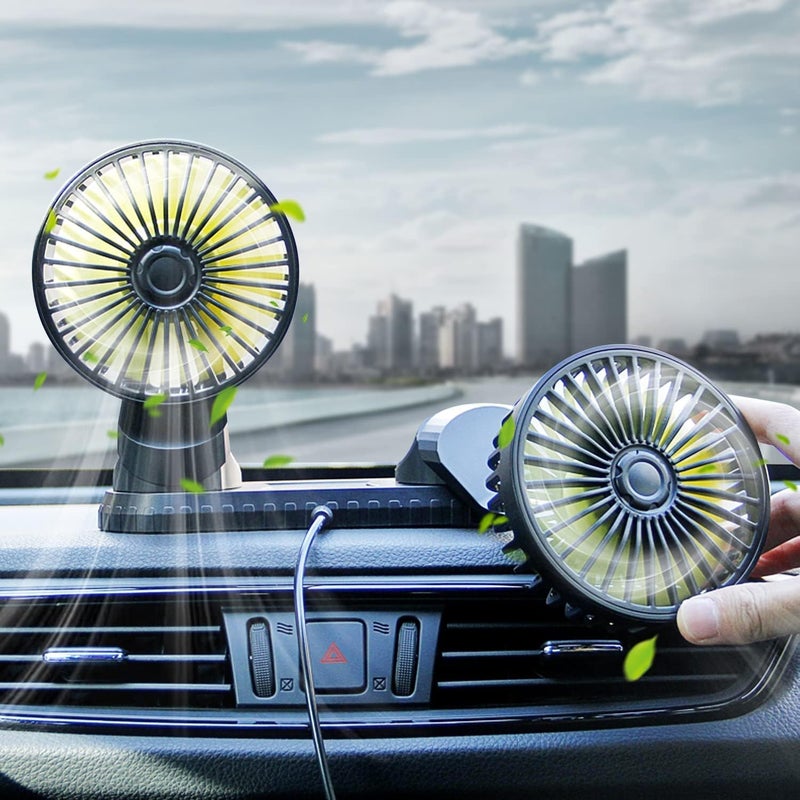 PADOM 5V Dual-Head Car Fan, Portable Vehicle Fan Vehicle Mounted USB Fan Electric Fan 360 Degree Rotation Auto Cooling Car Fan Desk Fan with 3 Speed Strong Wind for Car Dashboard Home Office, black - Image 2