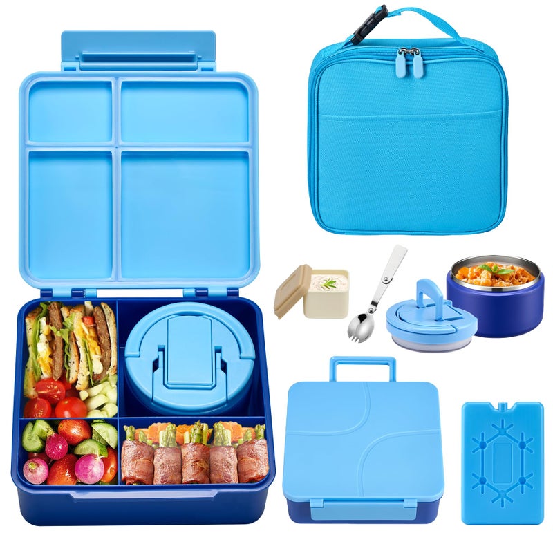 Bento Lunch Box with 8oz Soup ThermoKids Leakproof 4 Compartment Lunch Food Containers with Sauce Cup and Ice PackKids Thermo Insulated Hot Food Jar and Lunch Bag for SchoolTrvaelBlue