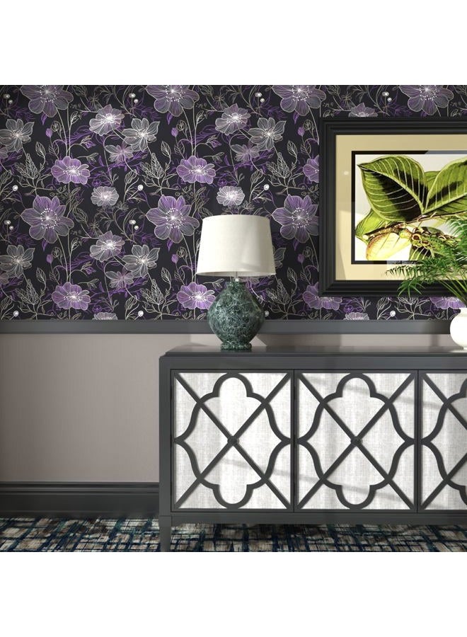 Laatse Purple Floral Wallpaper Peel and Stick Boho Wallpaper Dark Floral Contact Paper Waterproof Self Adhesive Vintage Botanical Wall Paper for Bedroom Walls Cabinet Decor 17.5“x118” - Image 2