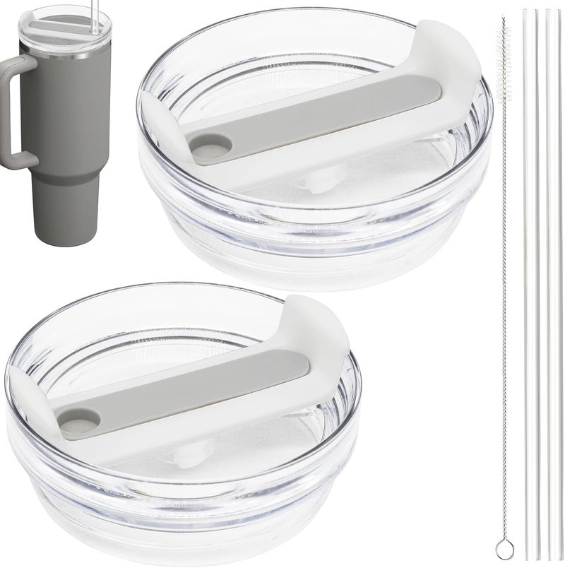 TiciKim 40oz Tumbler Lid Compatible for Stanley, 2 Pack Replacement Tumbler Lids Fit for Stanley Quencher 2.0 Tumbler 40 OZ, with Straws and Cleaning Brush (Grey) - Image 1