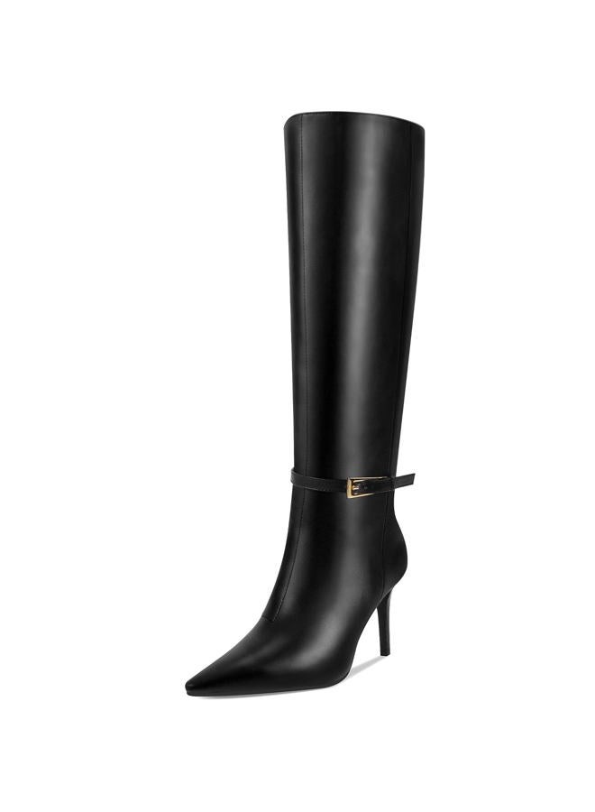 COMJUY Knee High Boots Women 3 IN Stiletto Heel Pointed Toe Tall Boots for Women High Heel Side Zipper Long Boots - Image 1