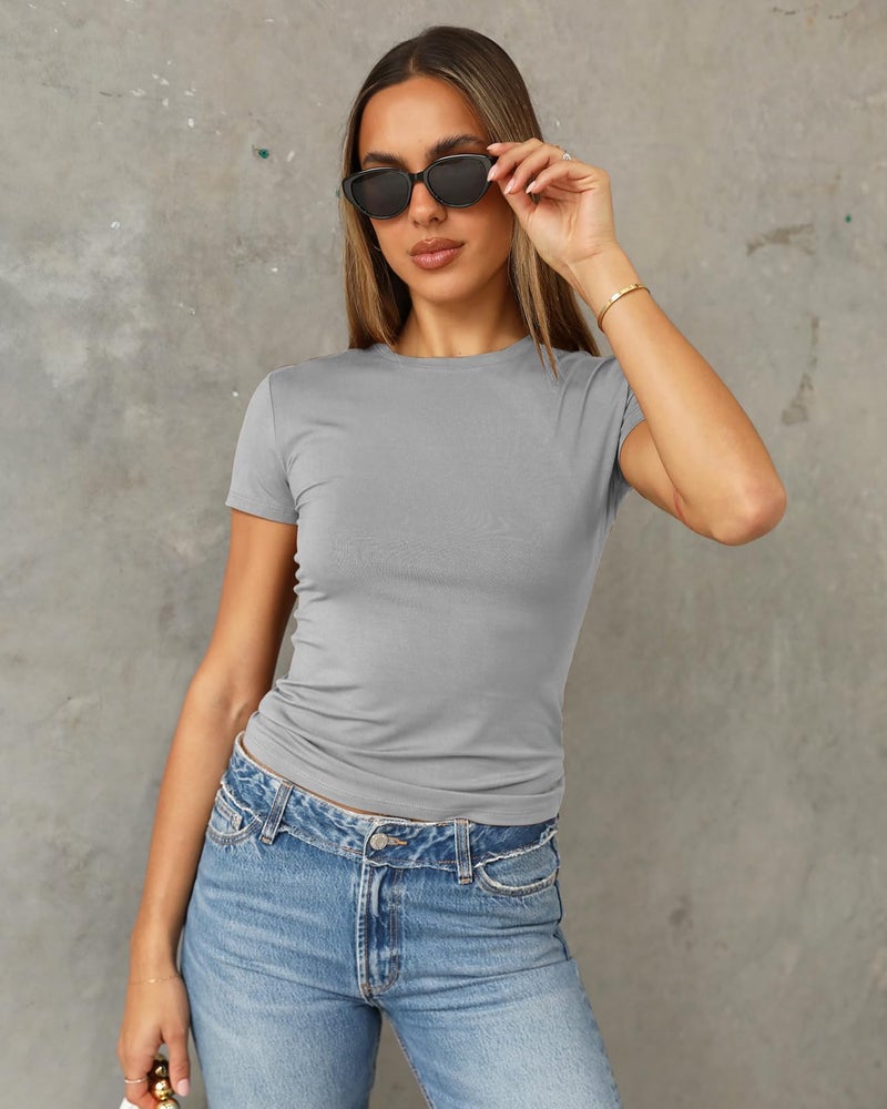 Abardsion Women's Casual Basic Going Out Crop Tops Slim Fit Short Sleeve Crew Neck Tight T Shirts 2026 (Light Grey, M) - Image 2