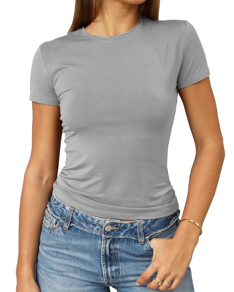 Abardsion Women's Casual Basic Going Out Crop Tops Slim Fit Short Sleeve Crew Neck Tight T Shirts 2026 (Light Grey, M) - Image 1
