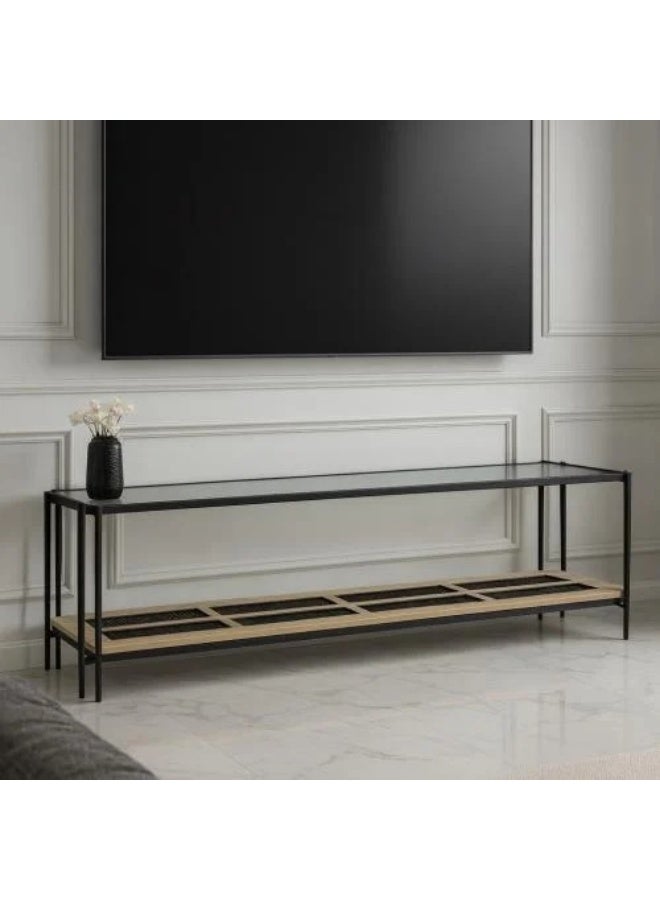 Two-door plasma table in beige wood with a clear glass surface, size 160 cm - with a luxurious and elegant design