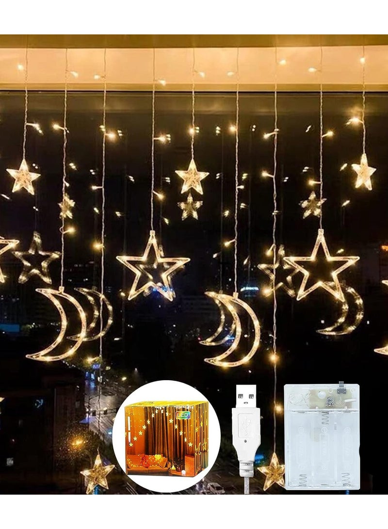 ستارة زينة مرصعة بالنجوم بطول 3.5 متر 2 في 1 أضواء رمضان  3 أقمار كبيرة و3 نجوم كبيرة و3 نجوم صغيرة LED ضوء ليلي لحفلات تزيين المنزل في رمضان، يعمل بمنفذ USB وصندوق بطارية يعمل (أبيض دافئ) مع البطارية المتضمنة - Image 1