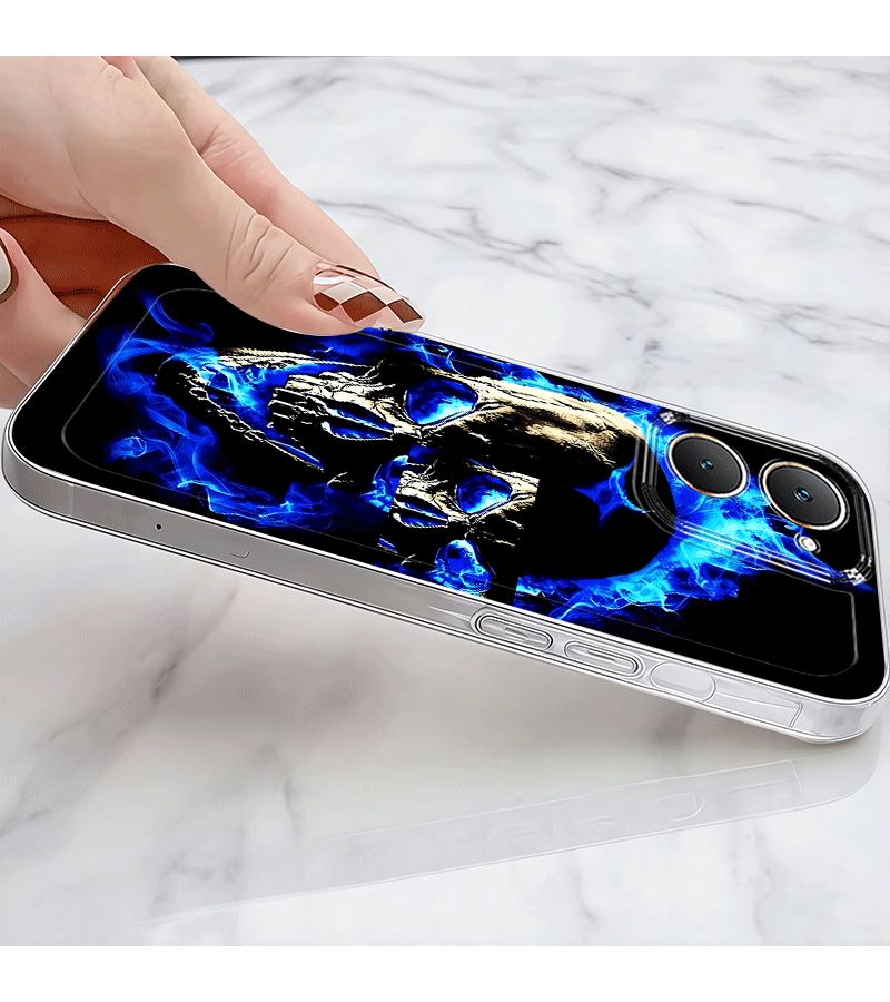 حافظة هاتف لـ Vivo Y75 5G، ألوان متعددة، تصميم كرتوني جمجمة لهب، شفافة مضادة للسقوط، كاملة التغطية من TPU. - Image 5
