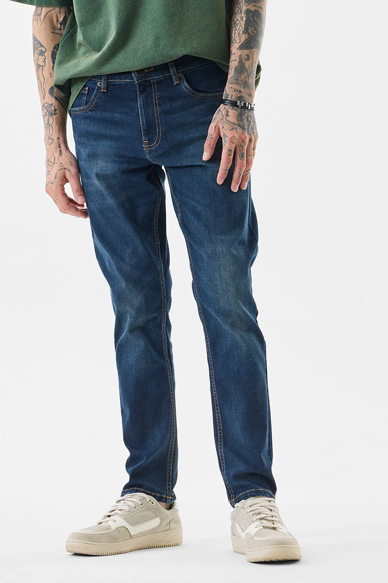 سنيتش Dark Blue Solid Tapered Casual Jeans