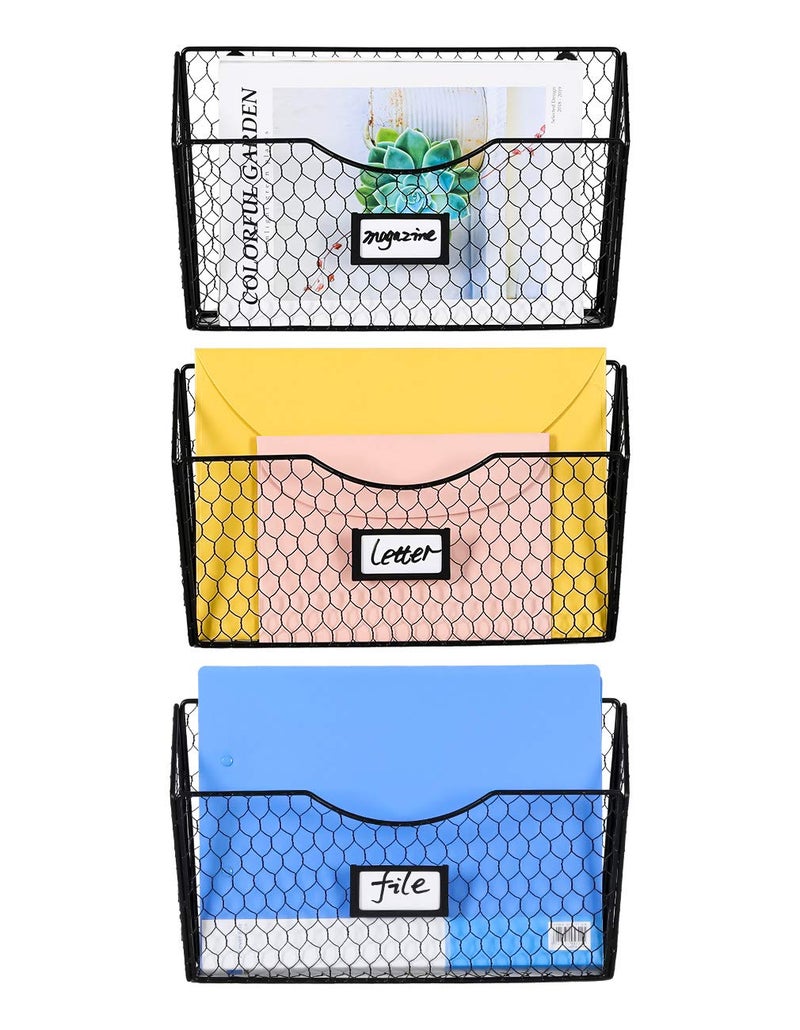 PAG 3 Pockets Hanging File Holder Wall Mount Mail Organizer Metal Chicken Wire Magazine Rack with Tag Slot, Black - Image 1