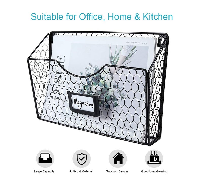 PAG 3 Pockets Hanging File Holder Wall Mount Mail Organizer Metal Chicken Wire Magazine Rack with Tag Slot, Black - Image 5