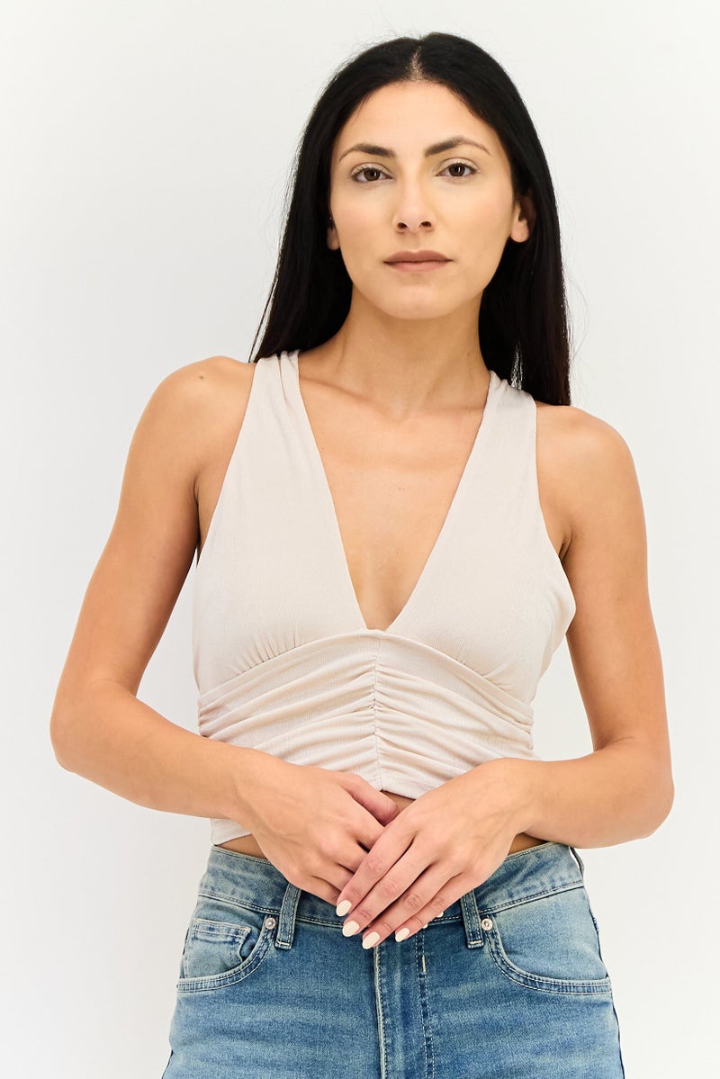 FOREVER 21 Women Halter Neck Sleeveless Solid Crop Top, Beige - Image 1