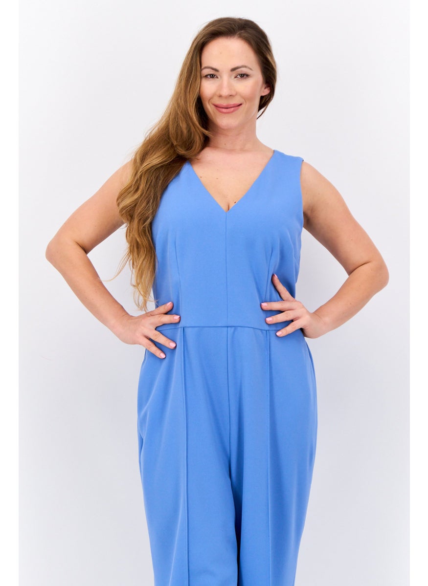 Maggy London Women V-Neck Solid Long Sleeve Jumpsuits, Light Blue  - Image 3