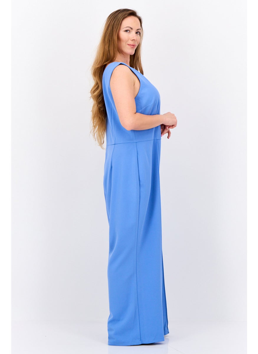 Maggy London Women V-Neck Solid Long Sleeve Jumpsuits, Light Blue  - Image 4