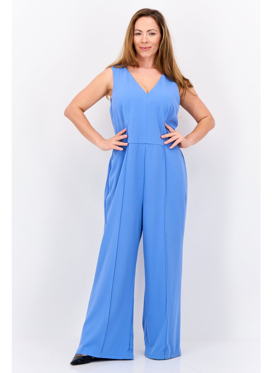 Maggy London Women V-Neck Solid Long Sleeve Jumpsuits, Light Blue  - Image 1