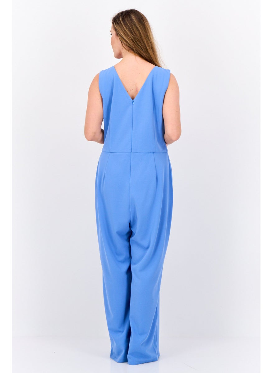 Maggy London Women V-Neck Solid Long Sleeve Jumpsuits, Light Blue  - Image 2