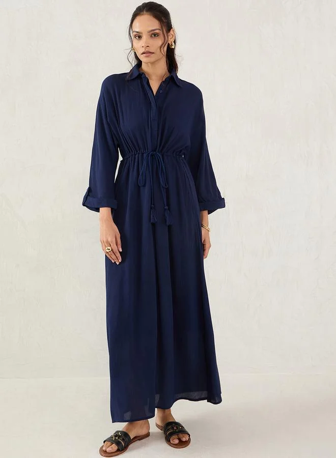 Femmella Femmella Blue Crinkled Collared A-Line Maxi Dress with Drawstring Waist