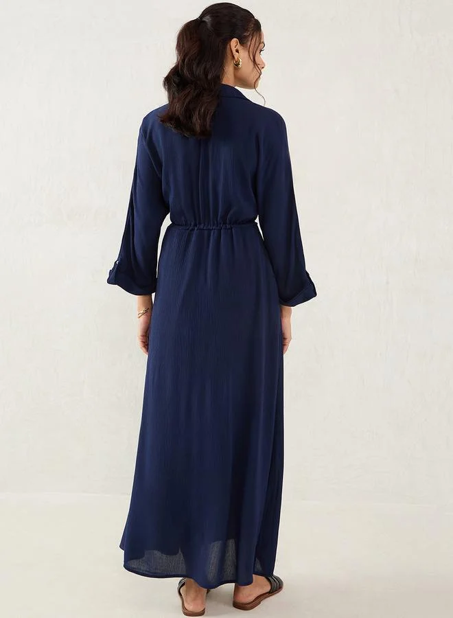 Femmella Femmella Blue Crinkled Collared A-Line Maxi Dress with Drawstring Waist