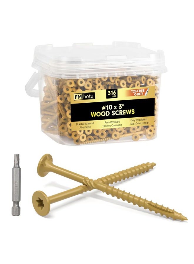 FMhotu #10 x3 Inch Deck Screws, 316Pcs Star Drive Wood Screws, Rust Resistant Timber Screws for Timber/Log/Landscaping Wood, T25 Star Bit Included, Yellow - Image 1