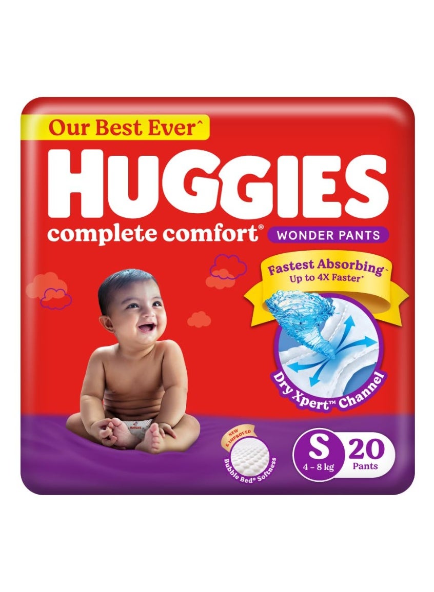Huggies Complete Comfort Wonder Pants Small (S) Size (4-8 Kgs) Baby Diaper Pants, 20 count| India's Fastest Absorbing Diaper with upto 4x faster absorption | Unique Dry Xpert Channel
