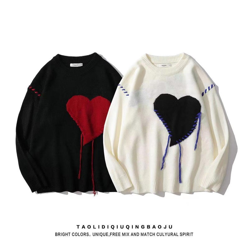 Spring and Autumn Sweater Mens Loose Round Neck Sweater Girls ins Trendy Love Couple Lazy Style Coat Black  - Image 3