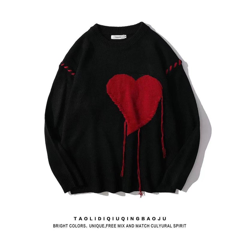 Spring and Autumn Sweater Mens Loose Round Neck Sweater Girls ins Trendy Love Couple Lazy Style Coat Black  - Image 4