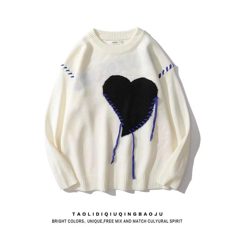 Spring and Autumn Sweater Mens Loose Round Neck Sweater Girls ins Trendy Love Couple Lazy Style Coat Black  - Image 5