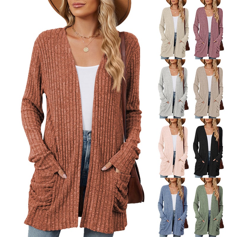 Solid Color Casual Pocket Long Sleeve Base Cardigan Sweater - Image 2