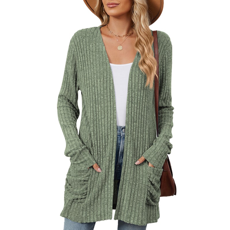 Solid Color Casual Pocket Long Sleeve Base Cardigan Sweater - Image 1