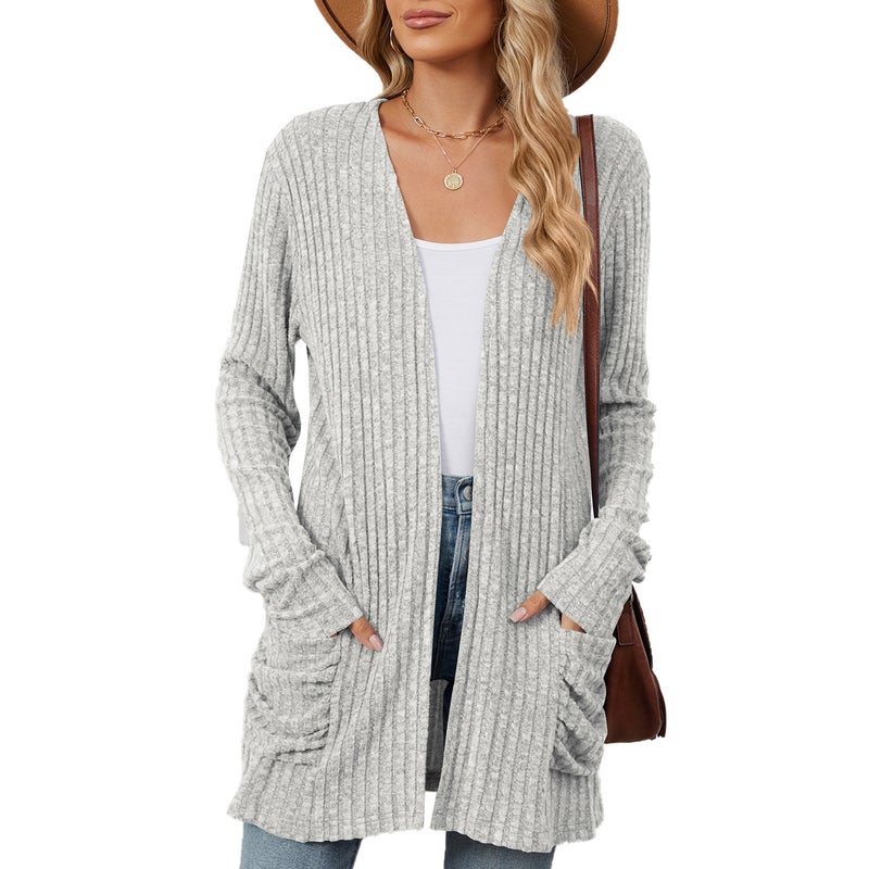 Solid Color Casual Pocket Long Sleeve Base Cardigan Sweater - Image 4