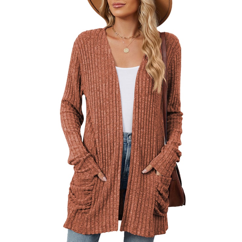 Solid Color Casual Pocket Long Sleeve Base Cardigan Sweater - Image 5