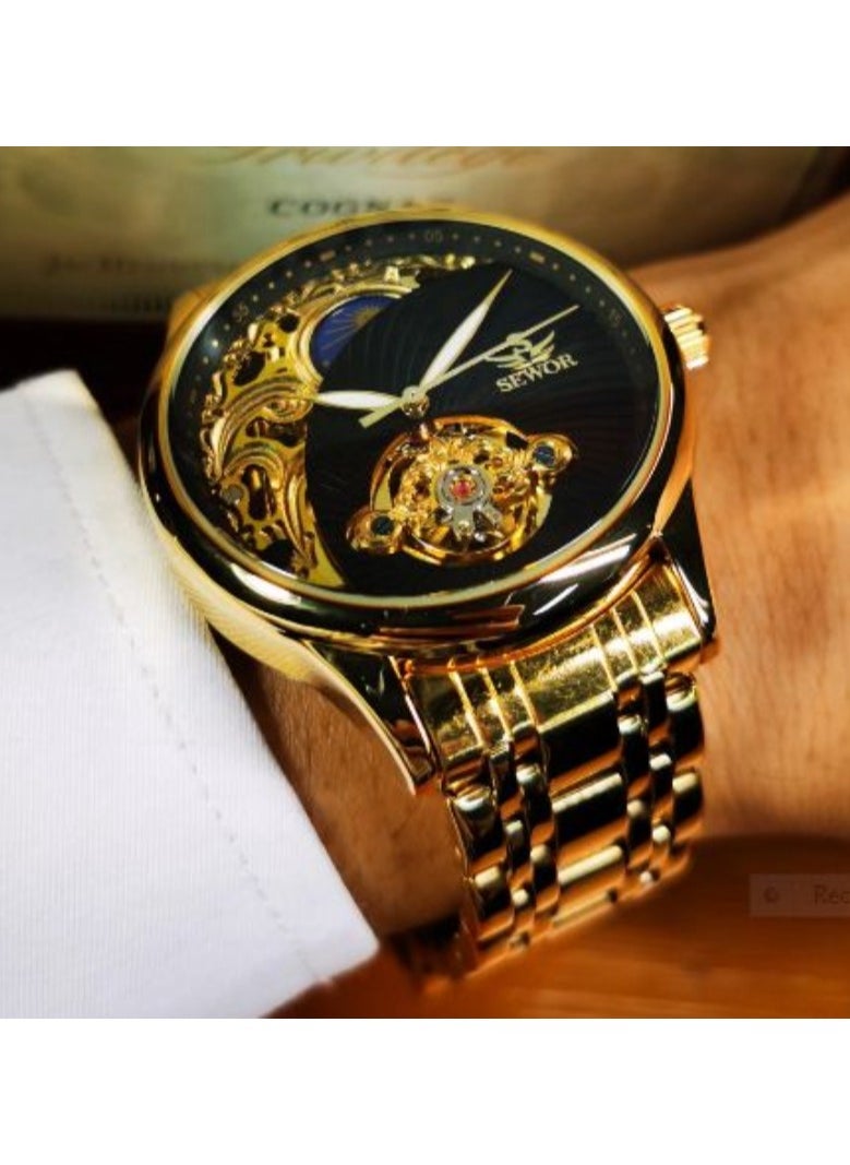 SEWOR SEWOR Men's Watches Stainless Steel Automatic Tourbillon Watches Luxury Luminous Gold Skeleton Retro Moon Phase Watch  - Image 2