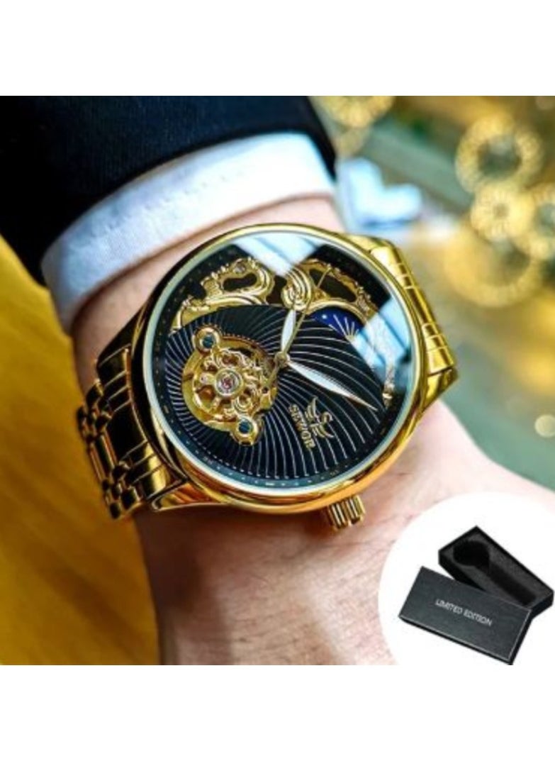 SEWOR SEWOR Men's Watches Stainless Steel Automatic Tourbillon Watches Luxury Luminous Gold Skeleton Retro Moon Phase Watch  - Image 1