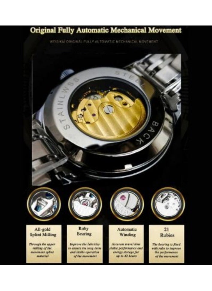 SEWOR SEWOR Men's Watches Stainless Steel Automatic Tourbillon Watches Luxury Luminous Gold Skeleton Retro Moon Phase Watch  - Image 4