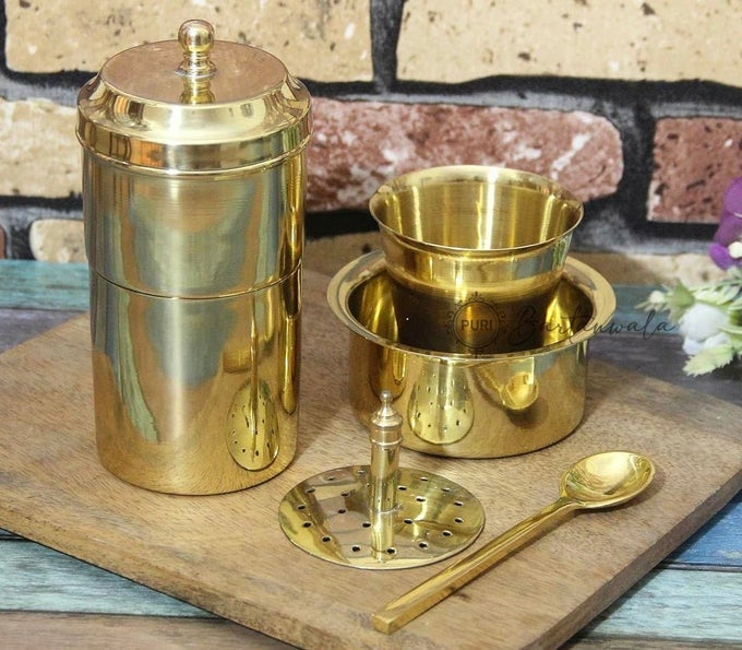 BRASSPITAL SOUTH INDIAN COFFEE FILTER WITH DABARA SET AND 1 SMALL SPOON GLOSSY FINISH 250 ML