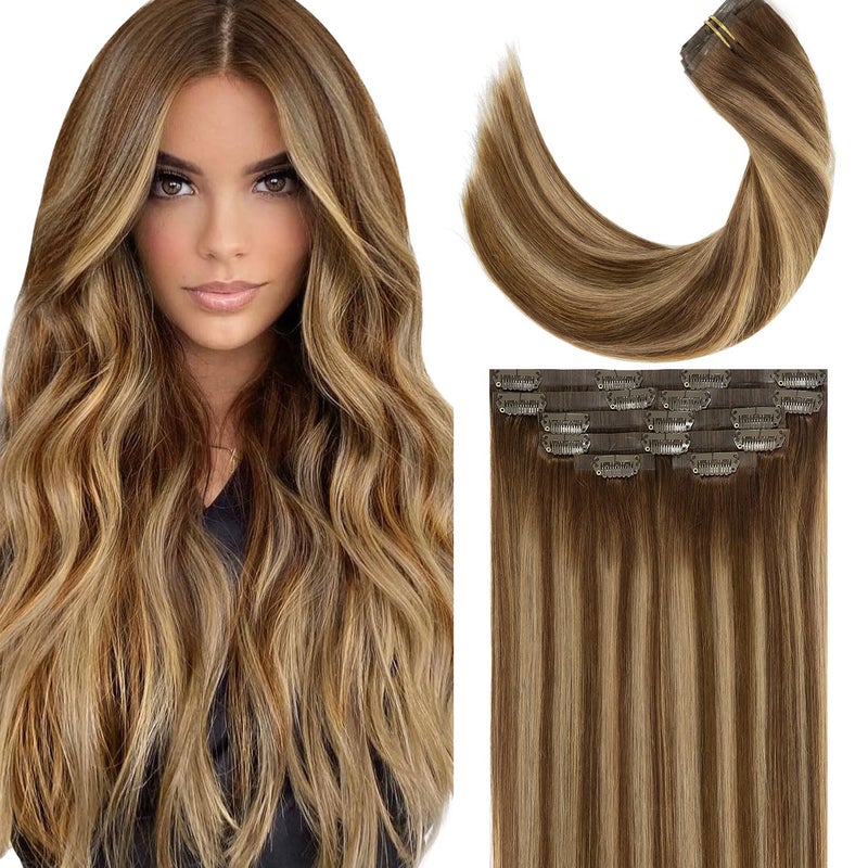Lacer Hair Natural Balayage Hair Clip in Extensions Invisible PU Skin Weft 20 Inch Ombre Chocolate Brown to Caramel Blonde 7pcs 110g Seamless Silky Straight Hair Extensions Clip in Full Head R4427