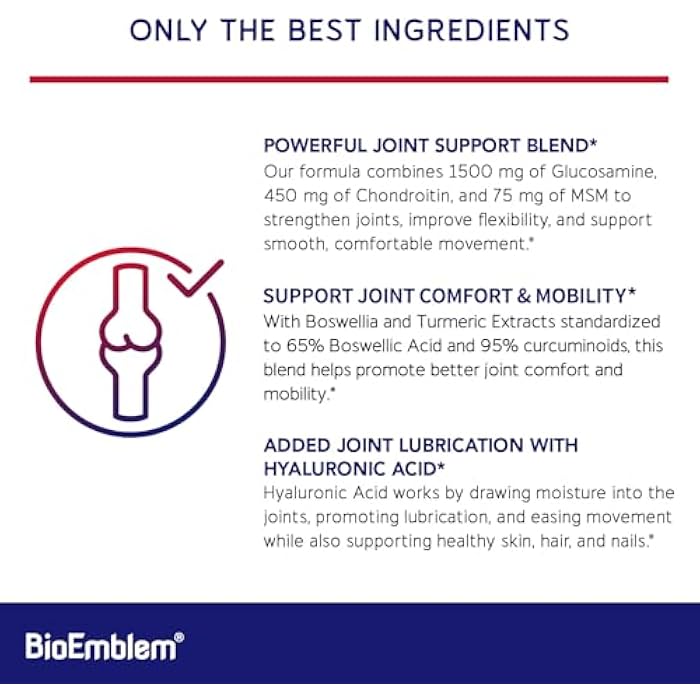 BioEmblem Glucosamine Sulfate 1500mg with Chondroitin & MSM, Joint Support Supplement with Boswellia, Turmeric & Hyaluronic Acid, Supports Mobility, Flexibility & Cartilage Health, Non-GMO, 90 Caps - Image 2