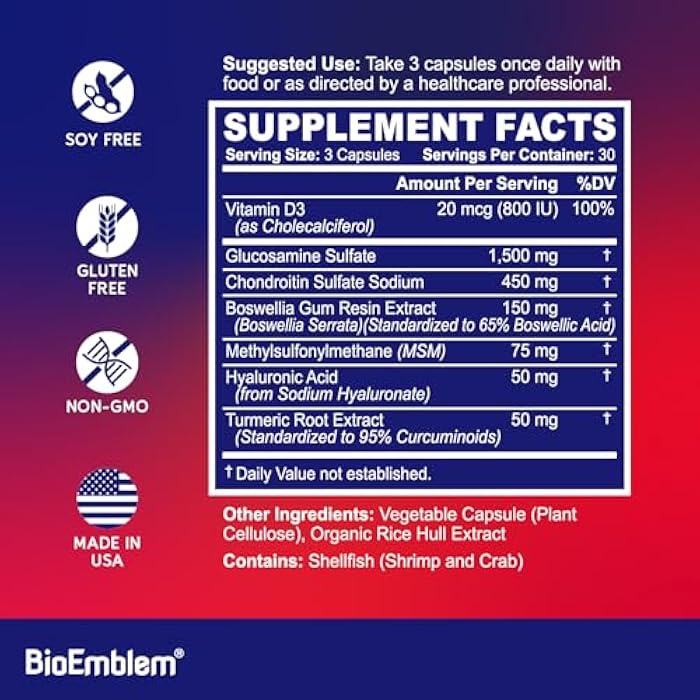 BioEmblem Glucosamine Sulfate 1500mg with Chondroitin & MSM, Joint Support Supplement with Boswellia, Turmeric & Hyaluronic Acid, Supports Mobility, Flexibility & Cartilage Health, Non-GMO, 90 Caps - Image 5