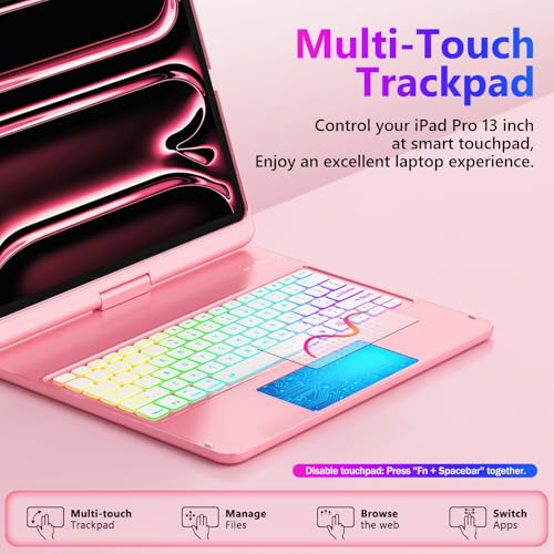 FUWANG Touch Keyboard Case for iPad Pro 13 inch (M5/M4) 2025/2024, 360° Swivel for iPad Pro 13 inch Case with Keyboard, 7 Colors Backlit with Multi-Touch Trackpad Keyboard Case for iPad Pro 13'', Pink - Image 4