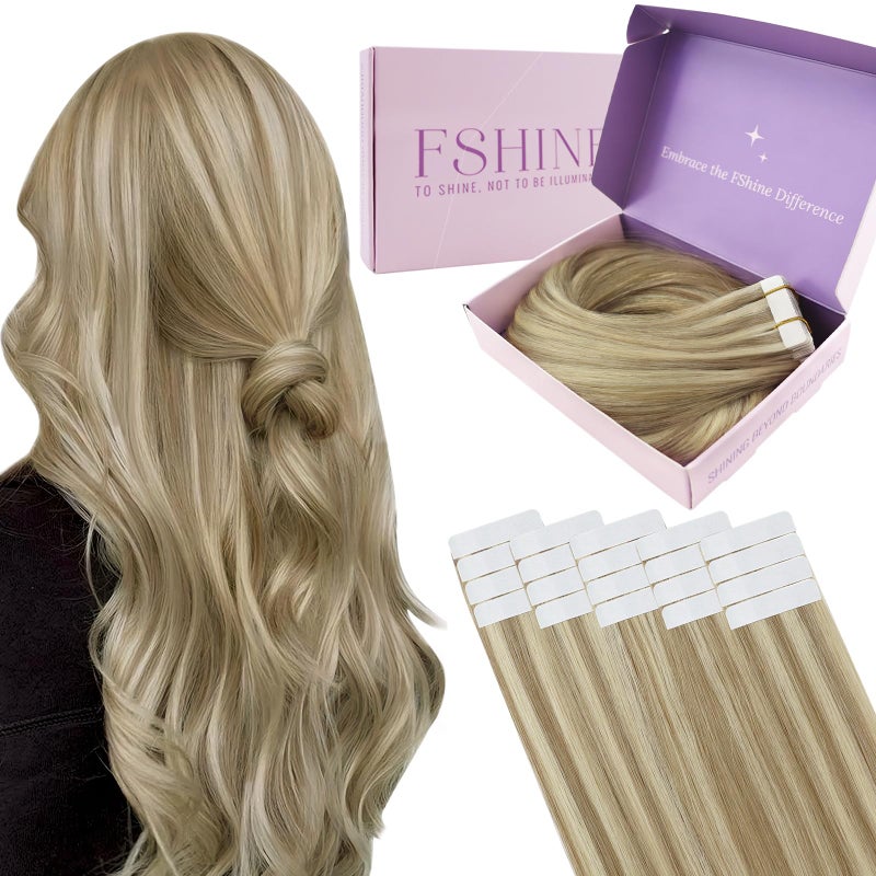 Fshine Blonde Tape in Extensions Real Human Hair Dark Ash Highlighted Golden Remy Silky Straight 12 Inch 20pcs 30g Seamless Natural Look for Women