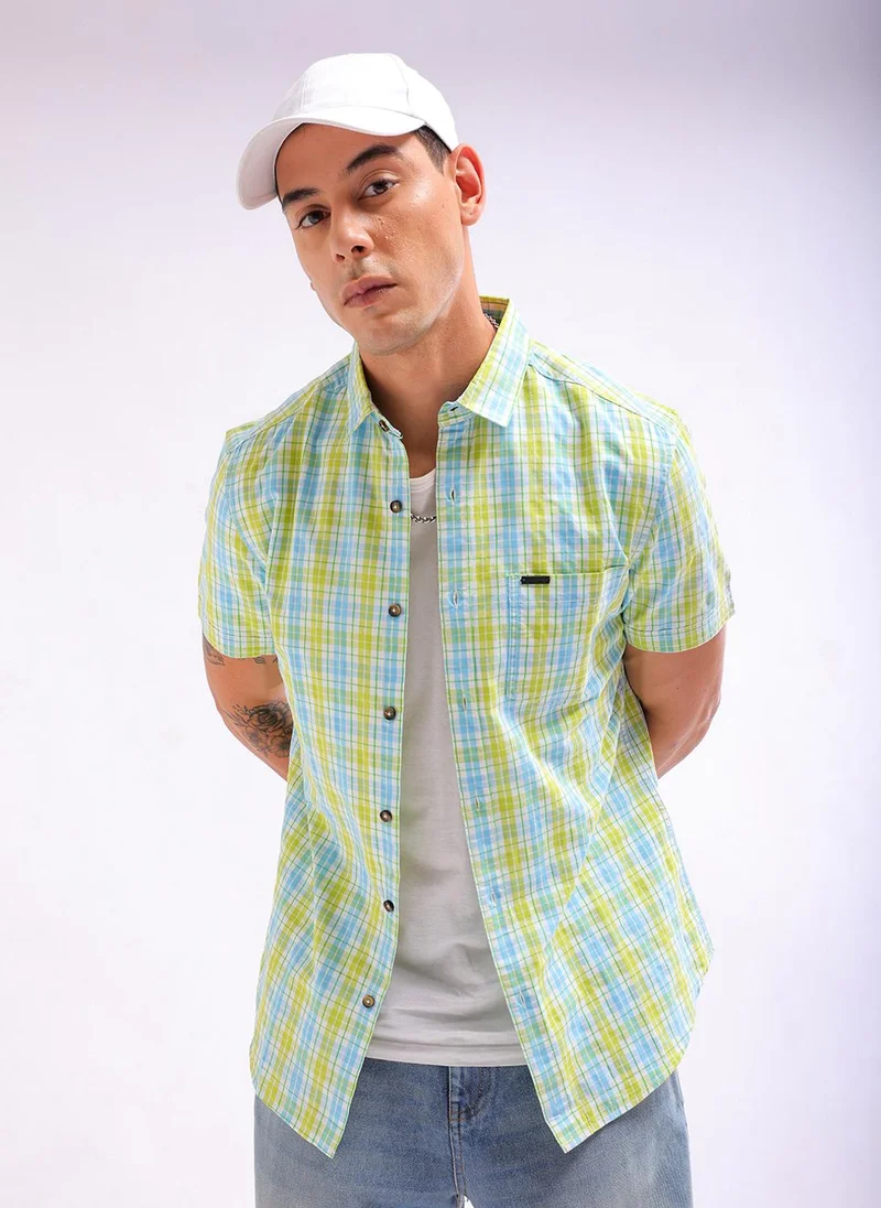 The Indian Garage Co  Men Slim Fit Checkered Half Sleeves Cutaway Collar Casual Shirt for Men | Best Price UAE