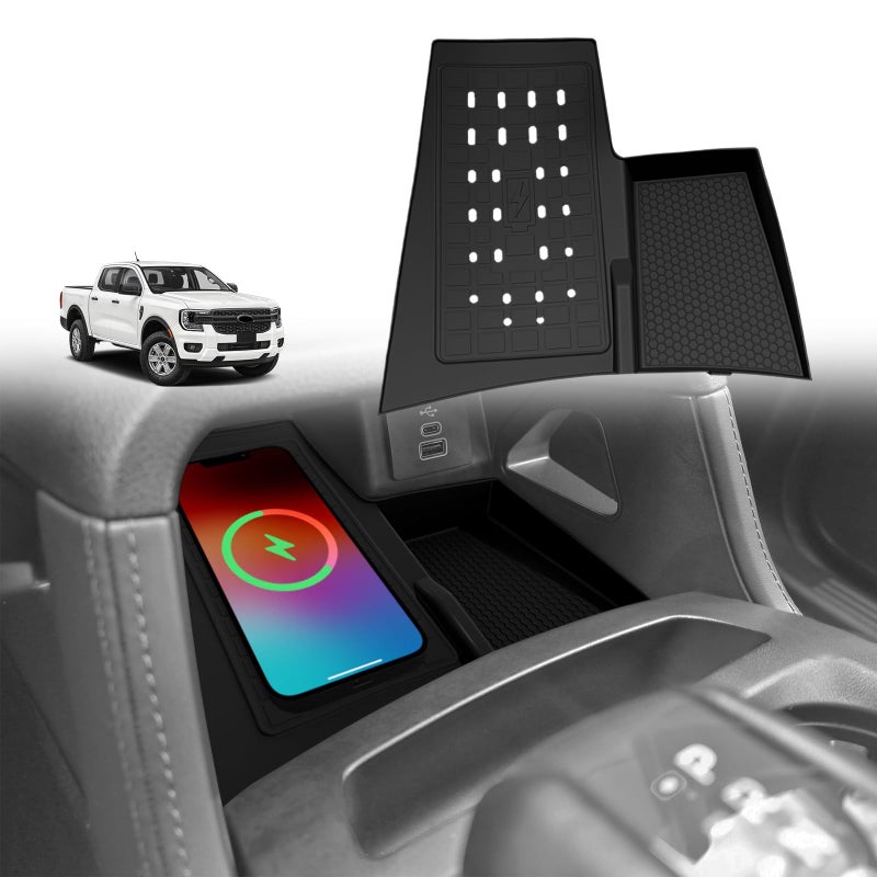 Muslogy Center Console Inserts Compatible with Ford Ranger 2024 2025 2026 Accessories, Center Console Wireless Charger Protective Mat Liner Anti-Slip Phone Charge Area Charging Protection - Image 1