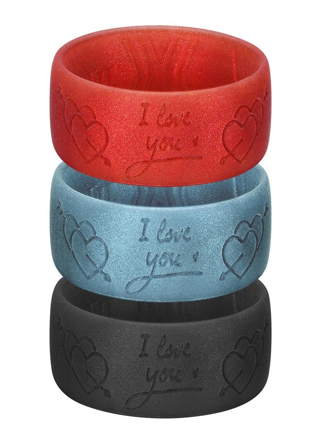 King Will 3PC Mens Silicone Rings Unisex Rubber Wedding Bands Engraved I Love You Design 6.6mm Wide 1.8mm Thick Breathable Comfort Fit Gym Sports Gift Holiday, Metallic Red & Ice Blue & Black Size 10 - Image 2