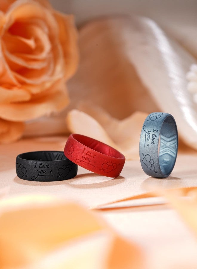 King Will 3PC Mens Silicone Rings Unisex Rubber Wedding Bands Engraved I Love You Design 6.6mm Wide 1.8mm Thick Breathable Comfort Fit Gym Sports Gift Holiday, Metallic Red & Ice Blue & Black Size 10 - Image 4