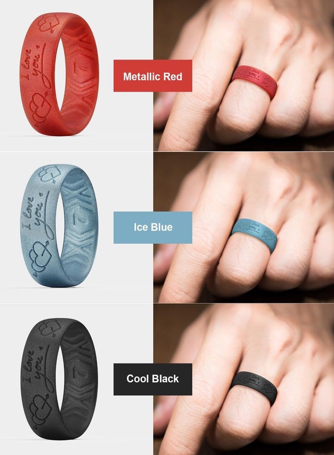 King Will 3PC Mens Silicone Rings Unisex Rubber Wedding Bands Engraved I Love You Design 6.6mm Wide 1.8mm Thick Breathable Comfort Fit Gym Sports Gift Holiday, Metallic Red & Ice Blue & Black Size 10 - Image 5