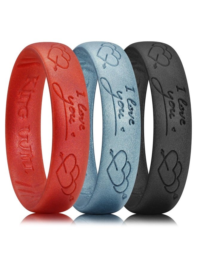 King Will 3PC Mens Silicone Rings Unisex Rubber Wedding Bands Engraved I Love You Design 6.6mm Wide 1.8mm Thick Breathable Comfort Fit Gym Sports Gift Holiday, Metallic Red & Ice Blue & Black Size 10 - Image 1