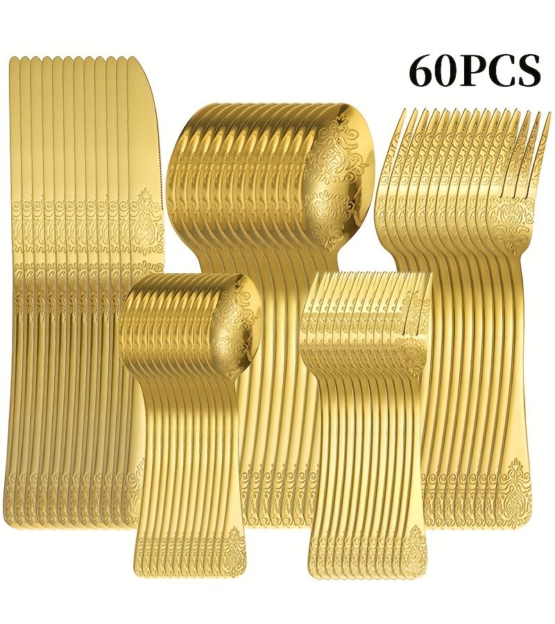 60 Pieces Stainless Steel Flatware Set Golden Plated Knives Forks Spoons Dessert Forks Dishwasher Safe Double Sided Engraving For Home Restaurant Banquet Hotel Dinner Wedding Christmas Graduation Gift - Image 2